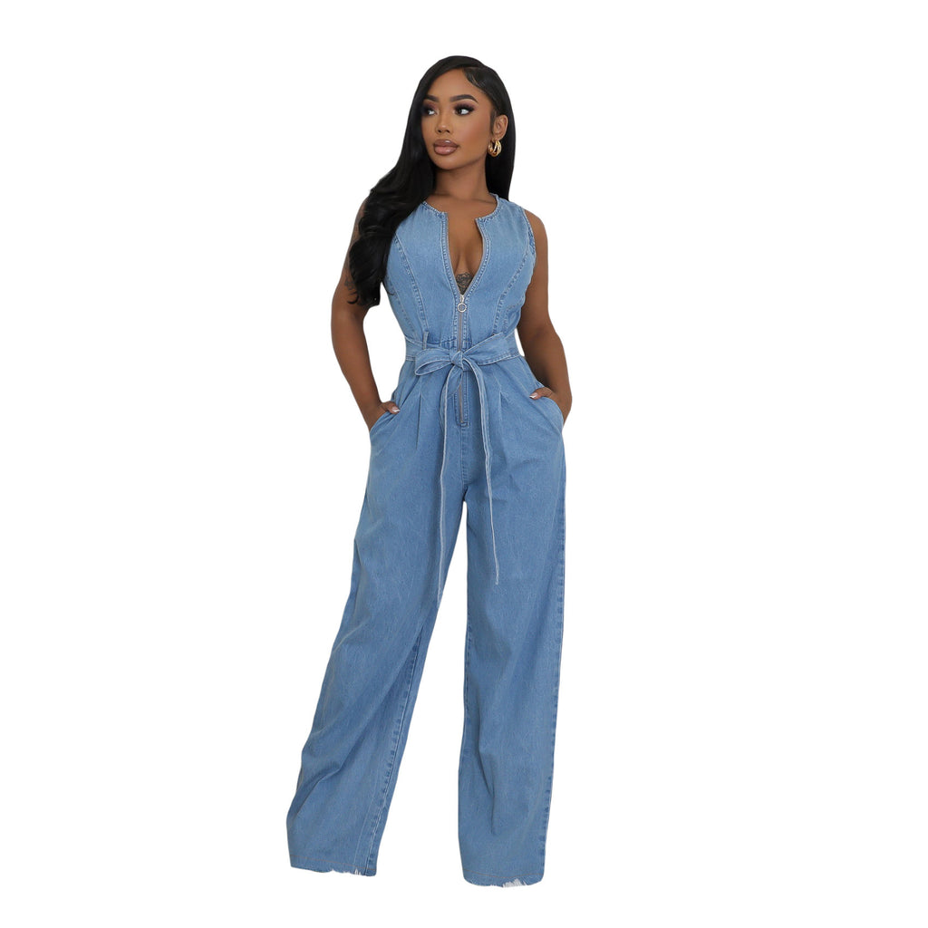 Slim-fit washed denim jumpsuit with a cinched waist