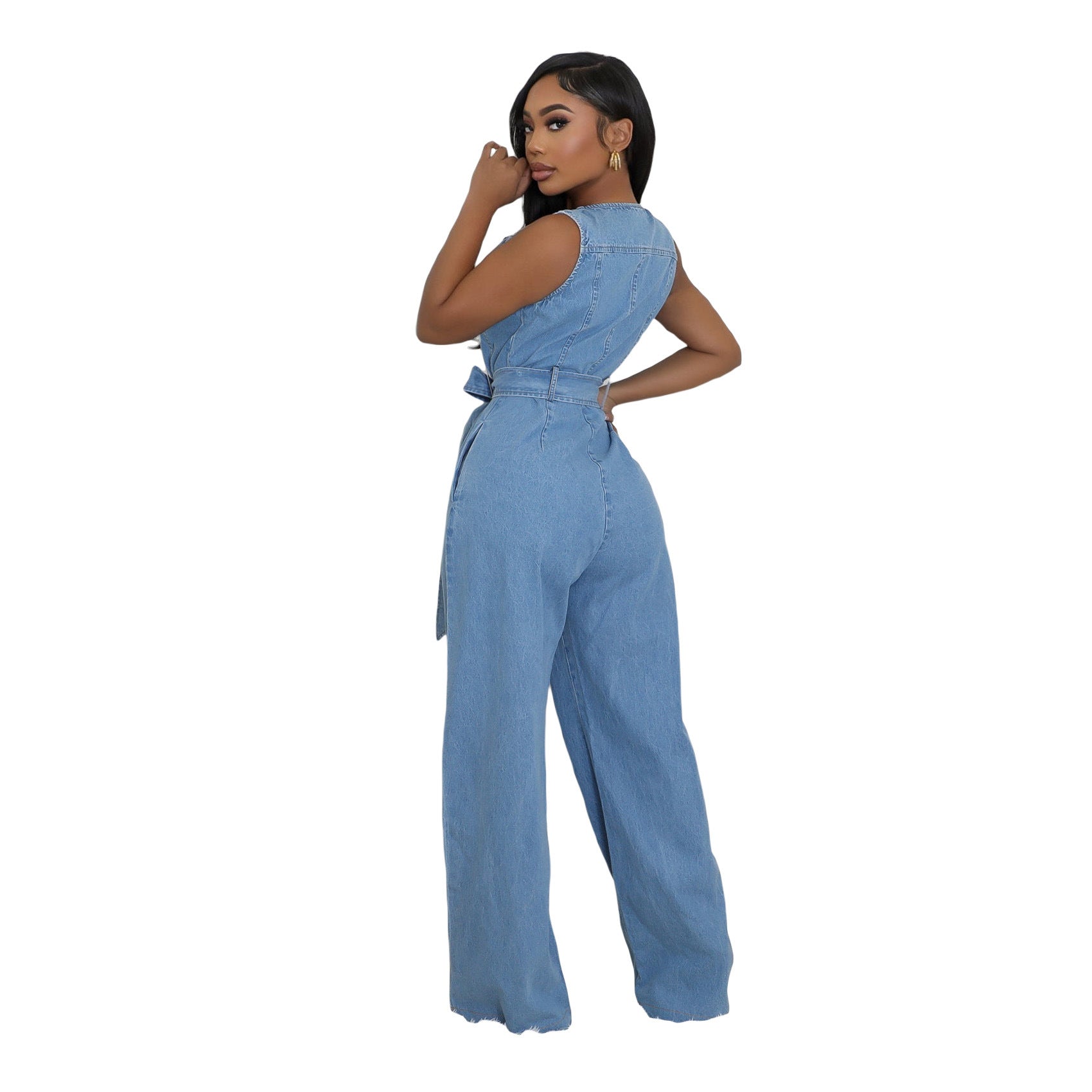 Slim-fit washed denim jumpsuit with a cinched waist