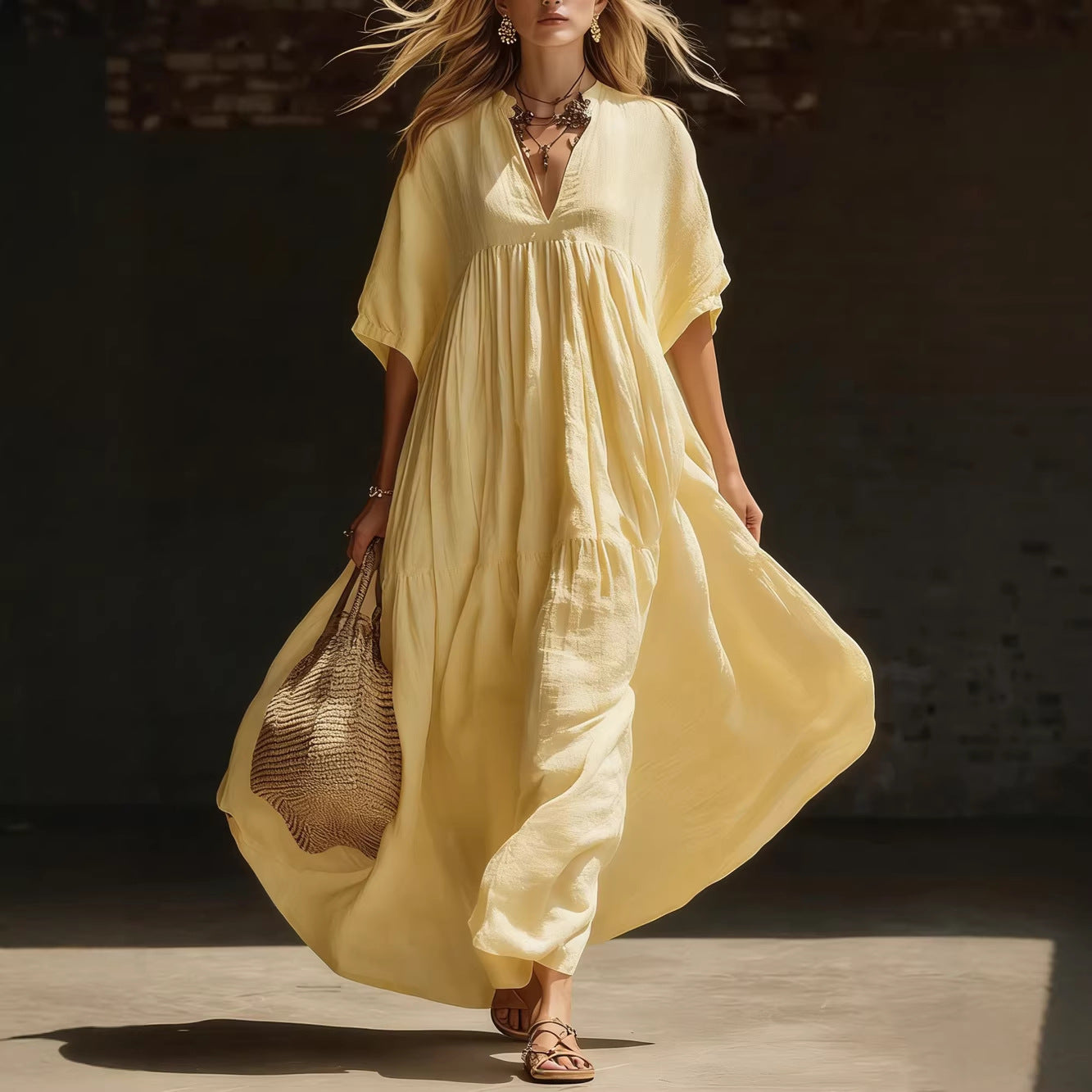 Loose V-neck solid color long summer dress, perfect for beach holidays