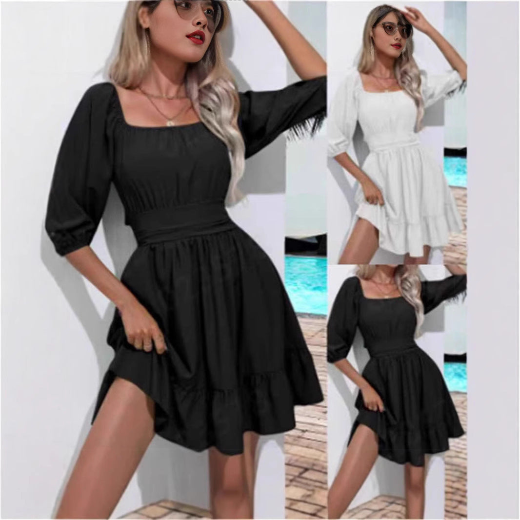 Robe à lacets et col carré orné de volants pour femme