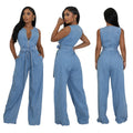 Slim-fit washed denim jumpsuit with a cinched waist
