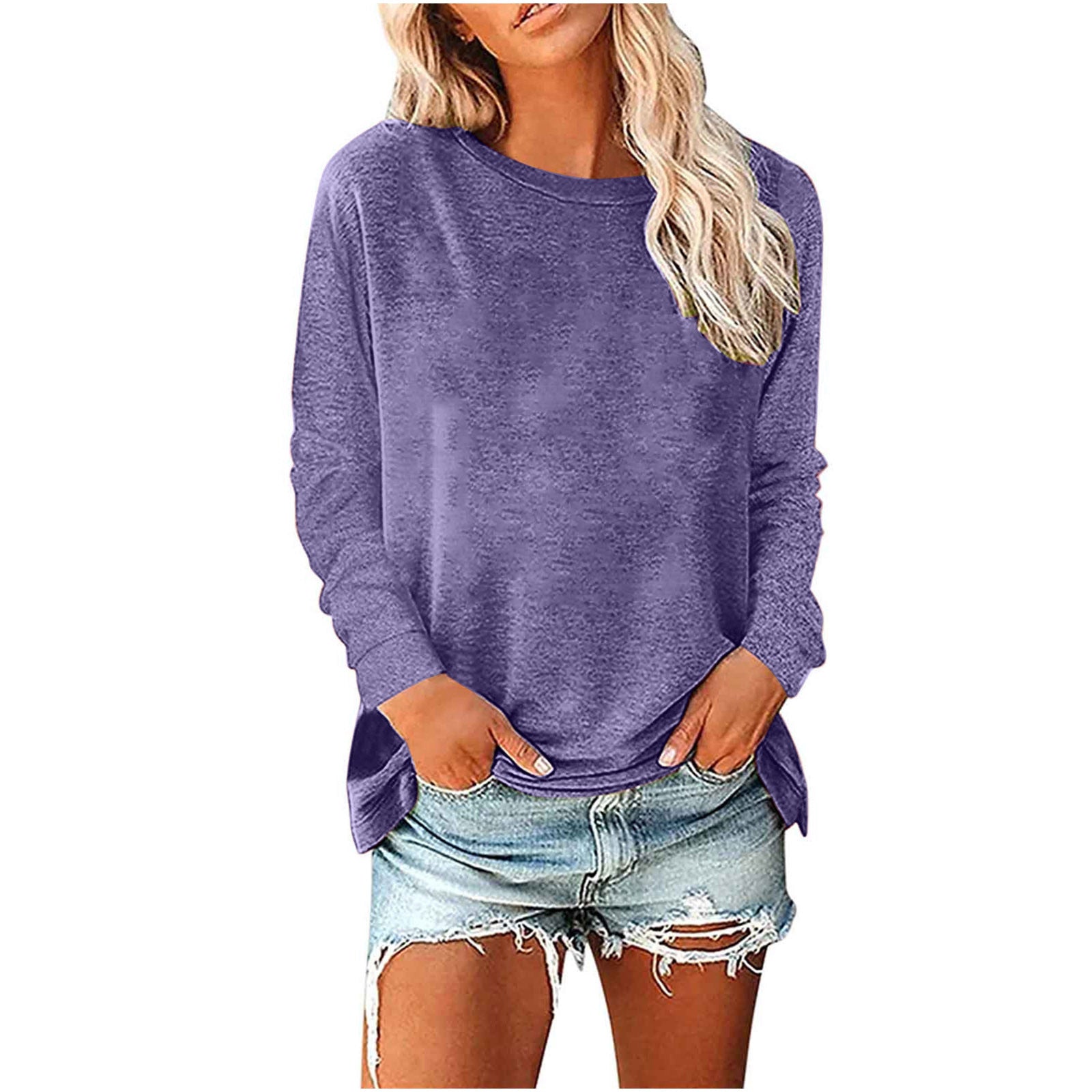 Women's Solid-Color Long-Sleeve Crew-Neck Pullover T-Shirt