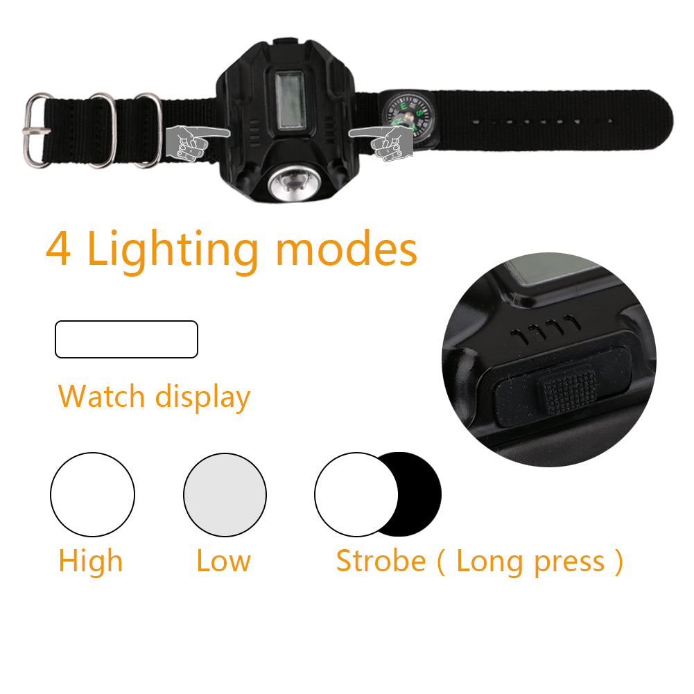 LED montre de poche lampe de poche portable USB light charge 4 mode lumière tactique lampe de poche affichage de l'heure avec boussole