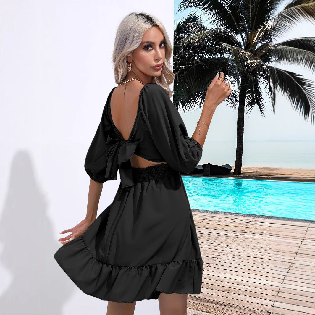 Robe à lacets et col carré orné de volants pour femme