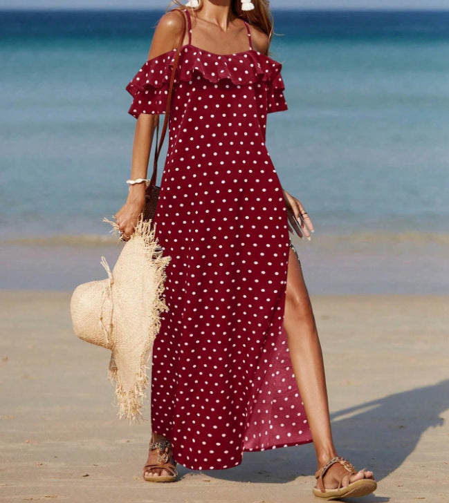 Women's French Style Polka Dot Off Shoulder Summer Dress