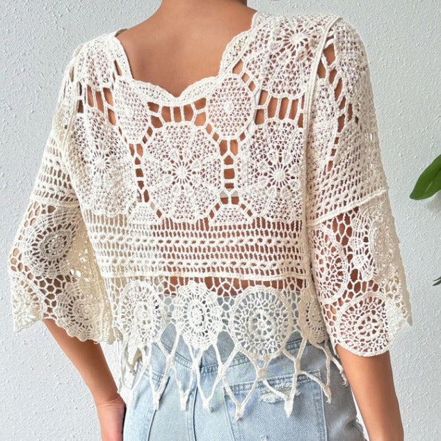 Haut en maille ajourée crochetée, couleur unie, cache-maillot de plage, blouse décontractée à pompons douce pour la peau