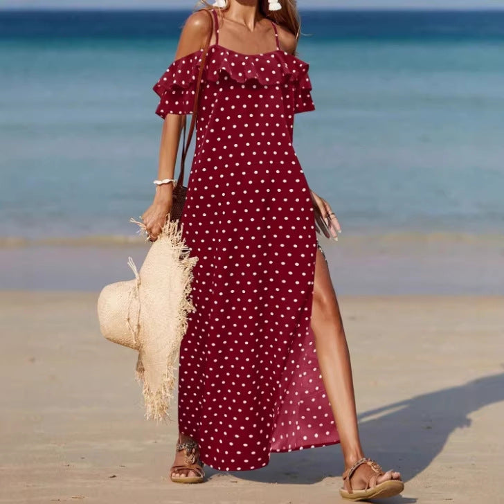 Robe d'été à pois style français, épaules dénudées, pour femmes