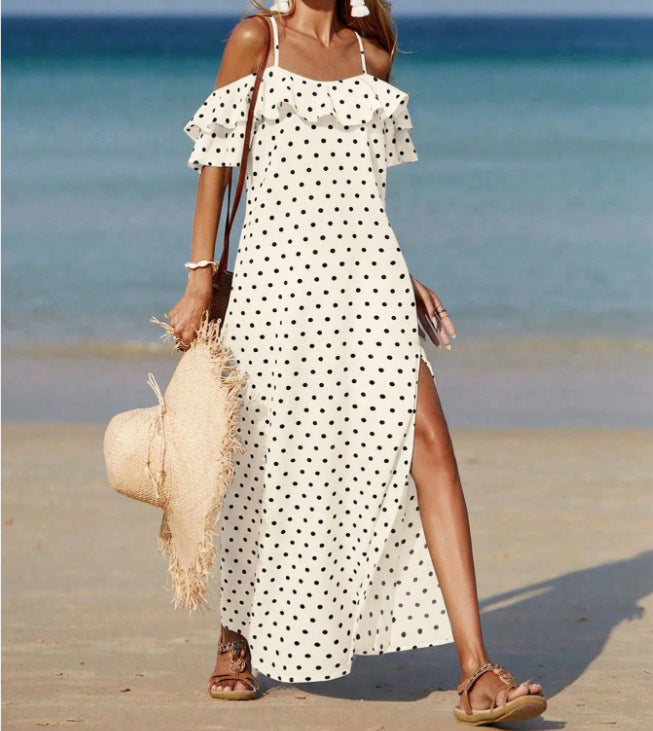 Women's French Style Polka Dot Off Shoulder Summer Dress