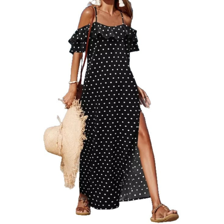Robe d'été à pois style français, épaules dénudées, pour femmes