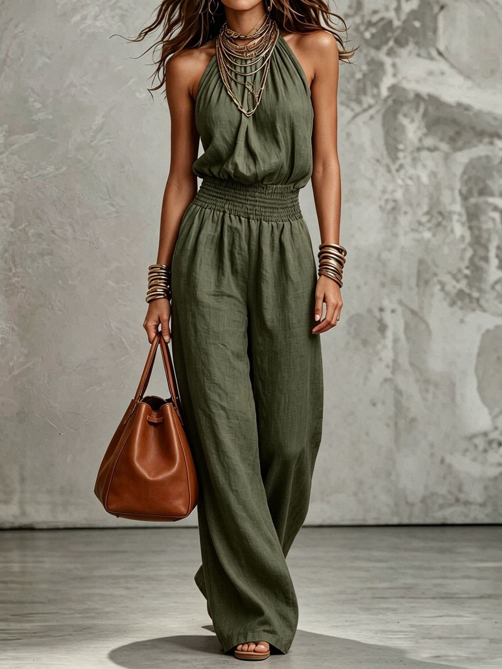Women's sleeveless, backless, cinched-waist, lace-up, wide-leg jumpsuit