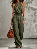 Women's sleeveless, backless, cinched-waist, lace-up, wide-leg jumpsuit