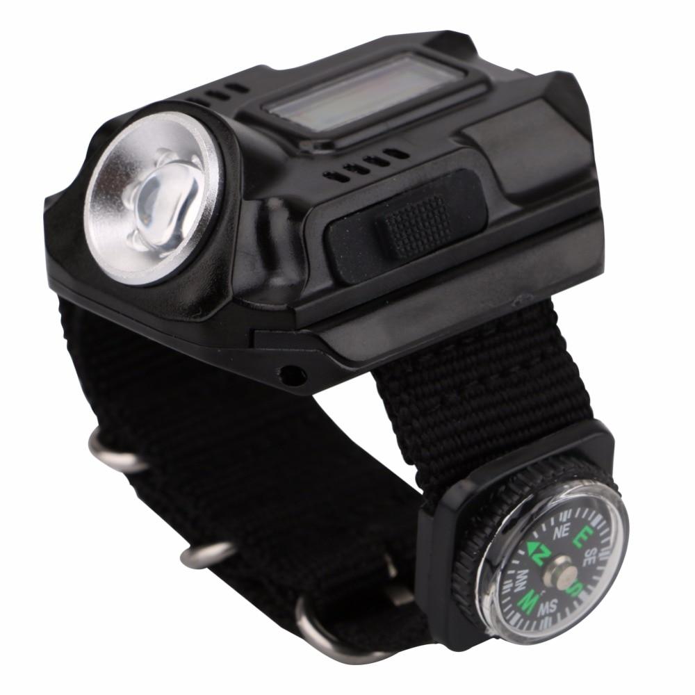 LED montre de poche lampe de poche portable USB light charge 4 mode lumière tactique lampe de poche affichage de l'heure avec boussole