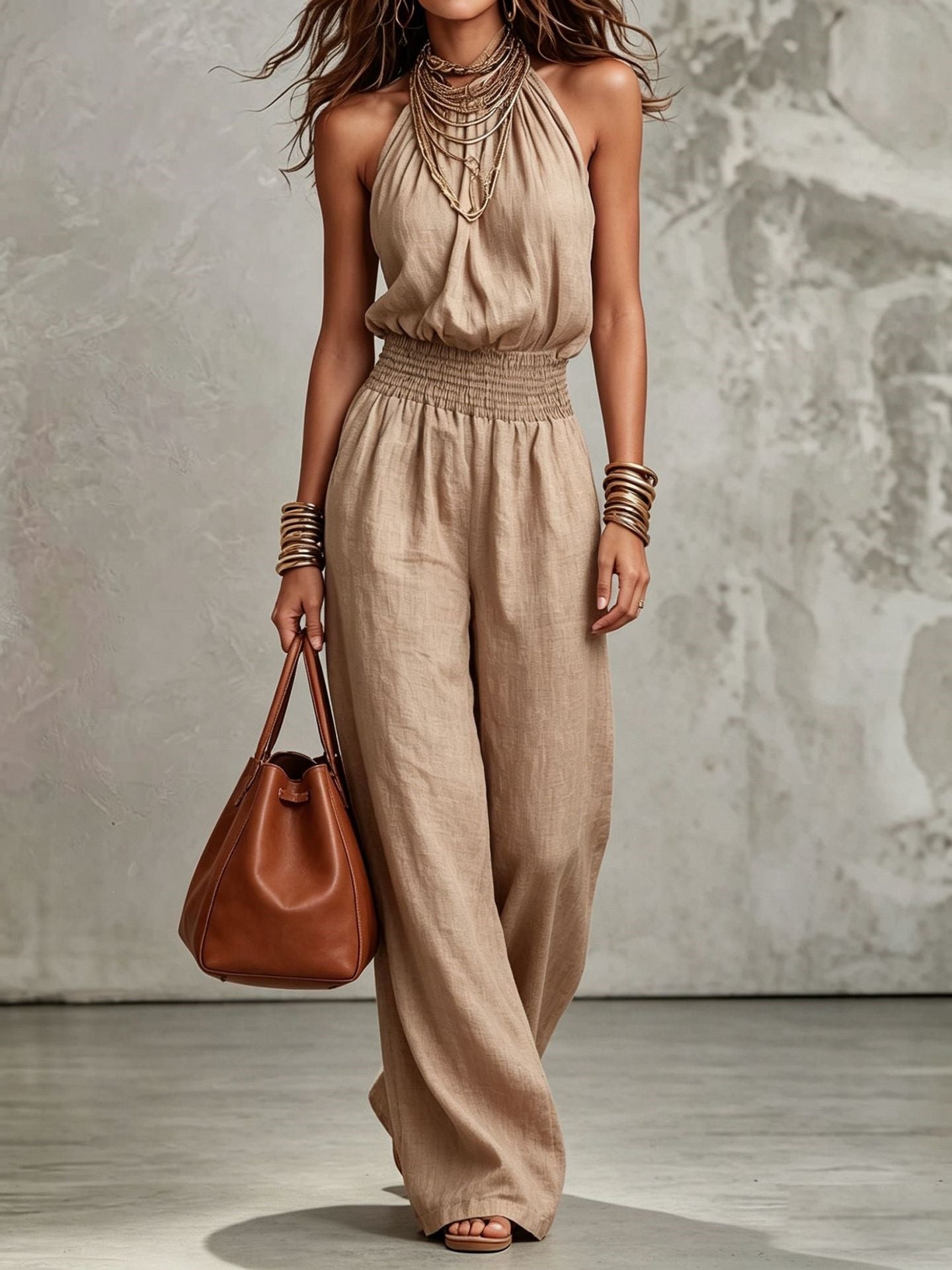 Women's sleeveless, backless, cinched-waist, lace-up, wide-leg jumpsuit
