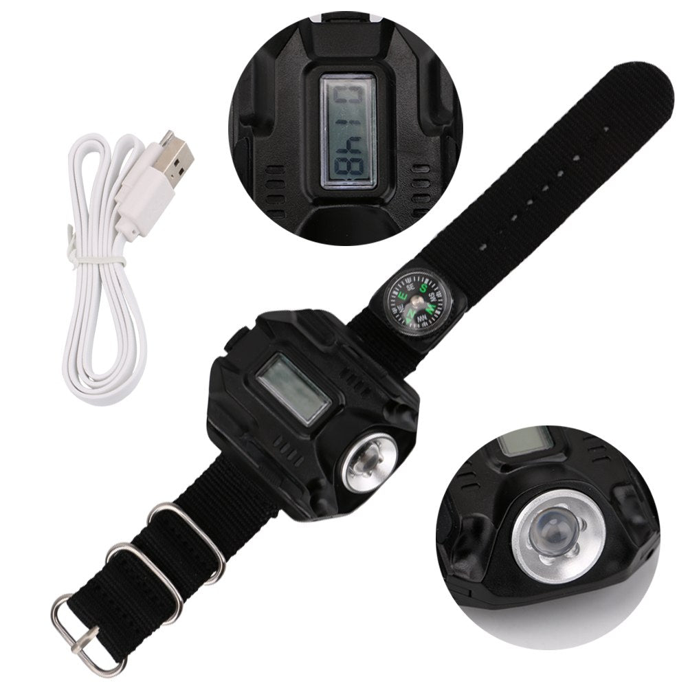 LED montre de poche lampe de poche portable USB light charge 4 mode lumière tactique lampe de poche affichage de l'heure avec boussole