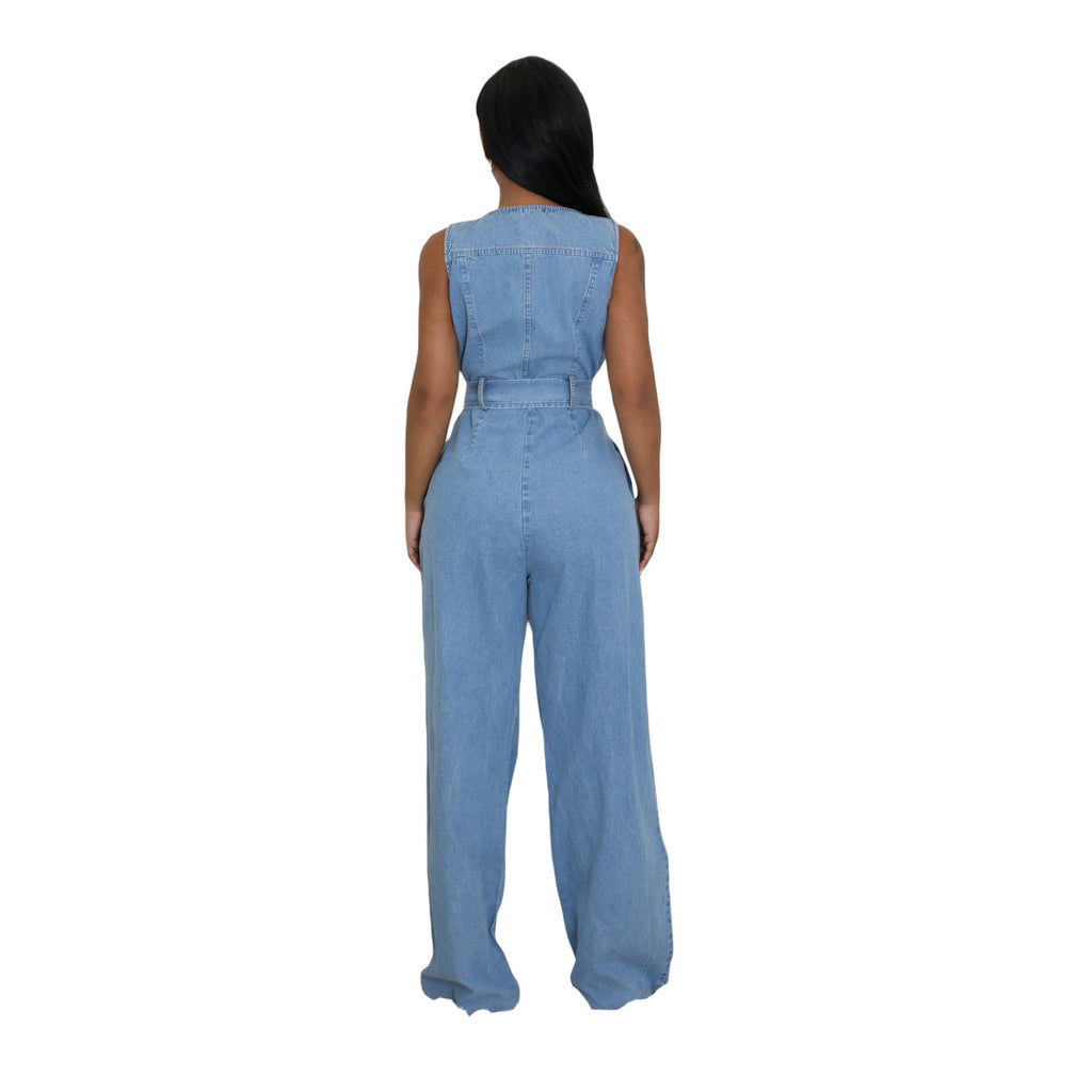 Slim-fit washed denim jumpsuit with a cinched waist