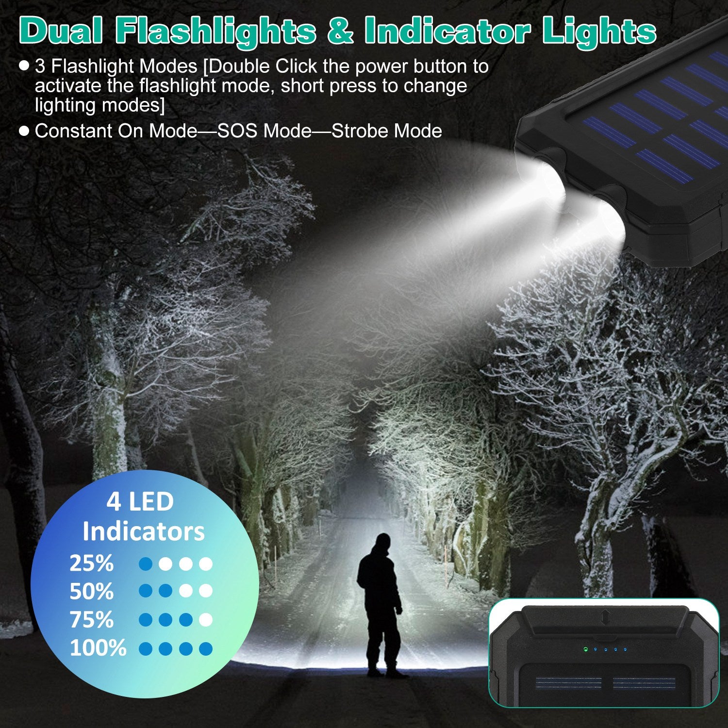1Pc 1W mAh Solar Power Bank External Battery Pack Dual USB Interface Outdoor Charger With Battery Indicators SOS LED Lights Compass Camping Hiking