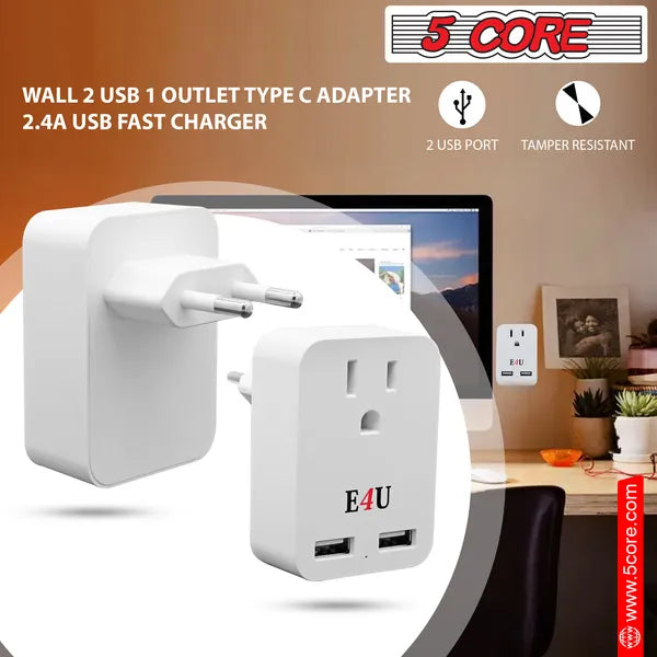 European Travel Plug Adapter with 2 USB Ports, Universal Adapter for International Power Outlets