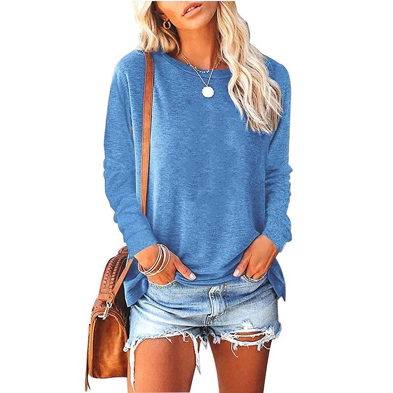 Women's Solid-Color Long-Sleeve Crew-Neck Pullover T-Shirt