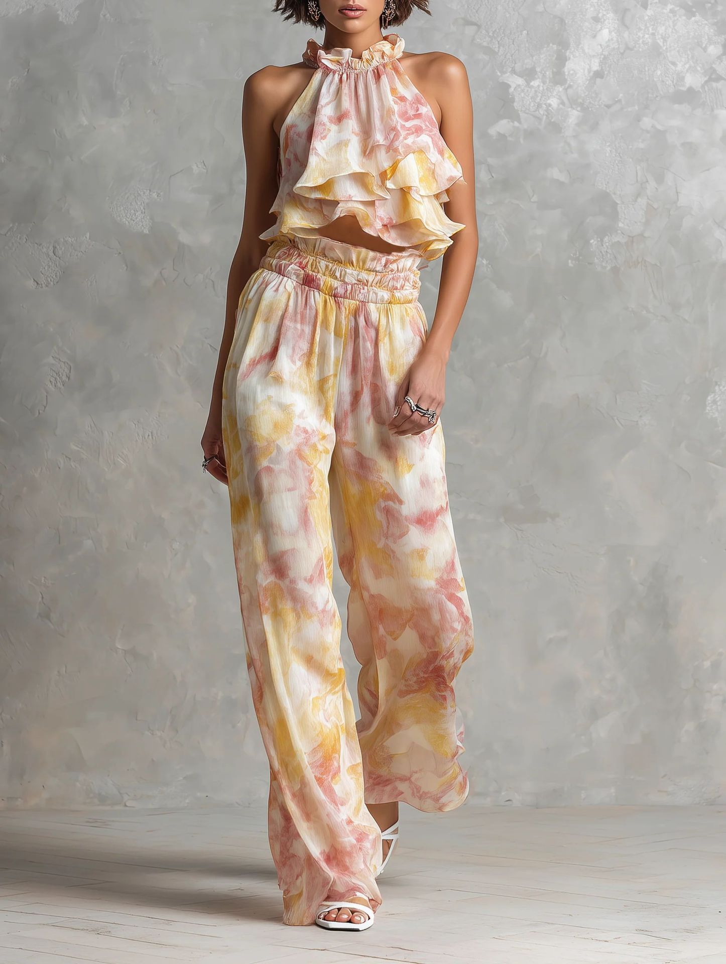 Summer set with printed deep-neck top and trousers