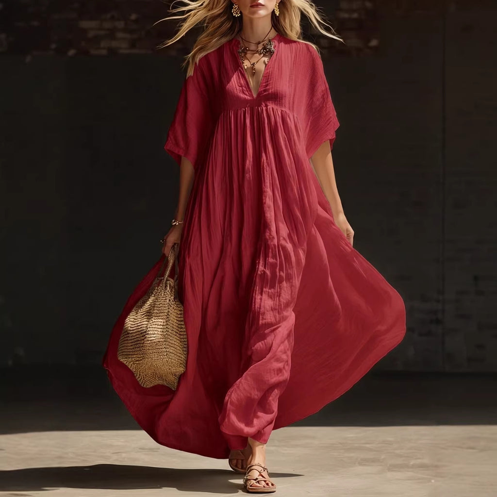 Loose V-neck solid color long summer dress, perfect for beach holidays