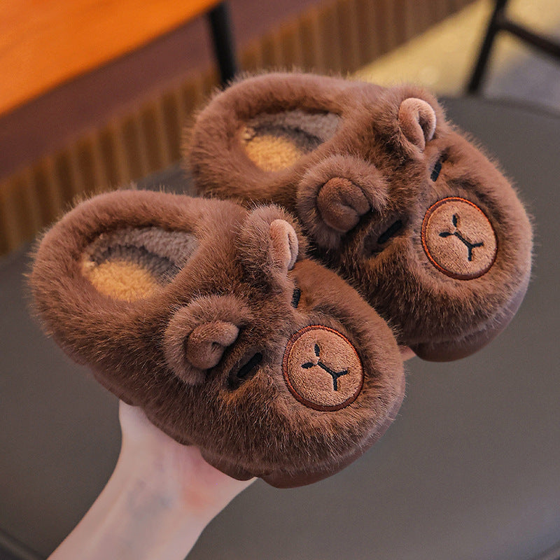 Warm cotton winter slippers for kids with a capybara design