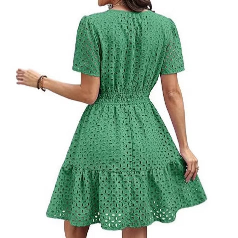 Womens Hollow-out Lace Short-sleeve Dress
