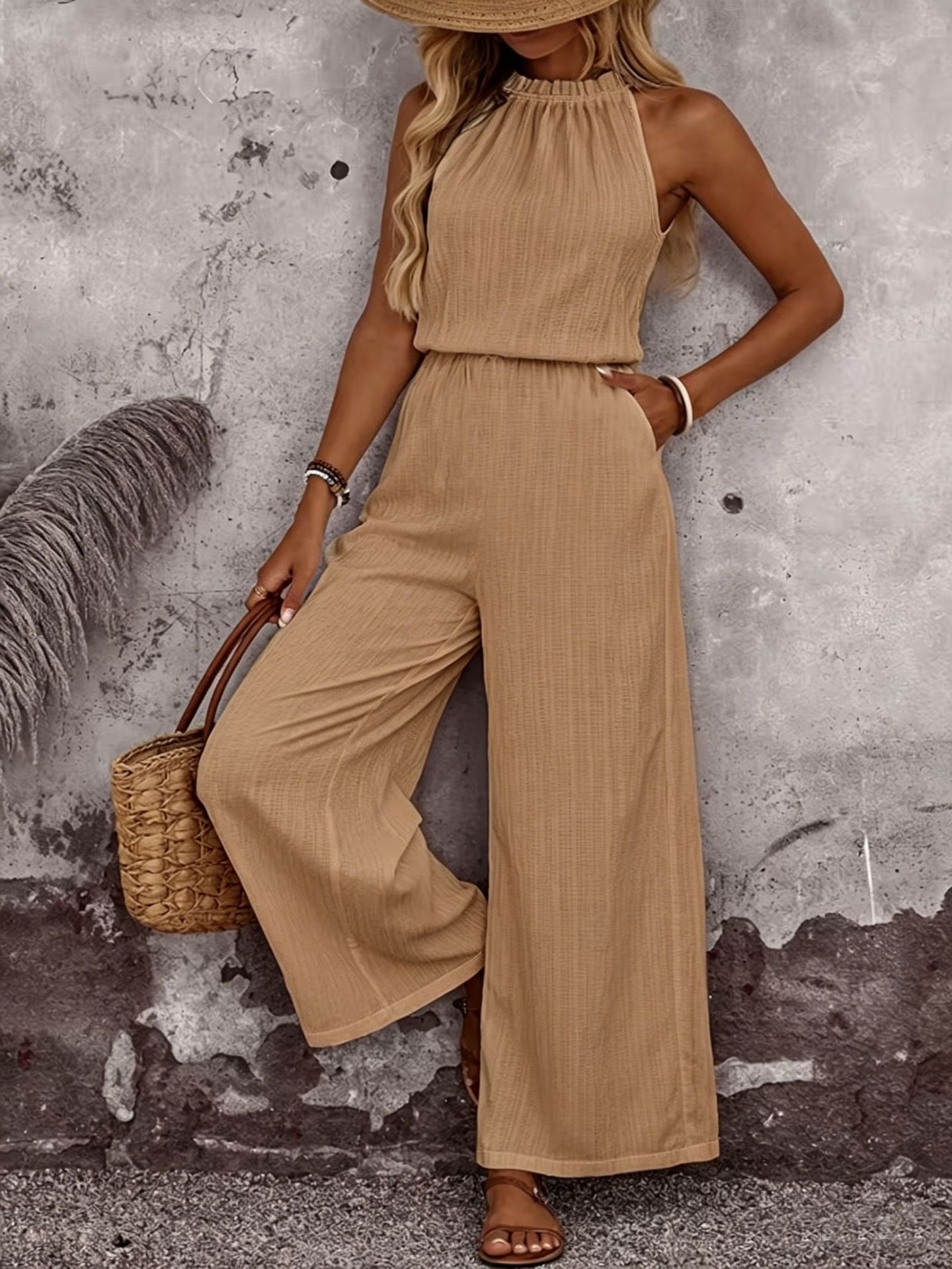 Women's Draped Collar Top and Casual Pants Set