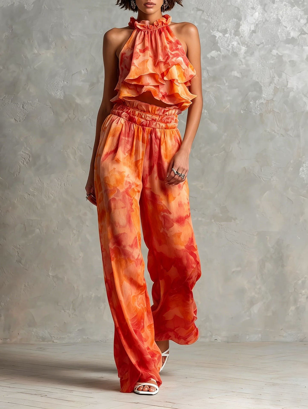 Summer set with printed deep-neck top and trousers