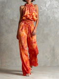 Summer set with printed deep-neck top and trousers