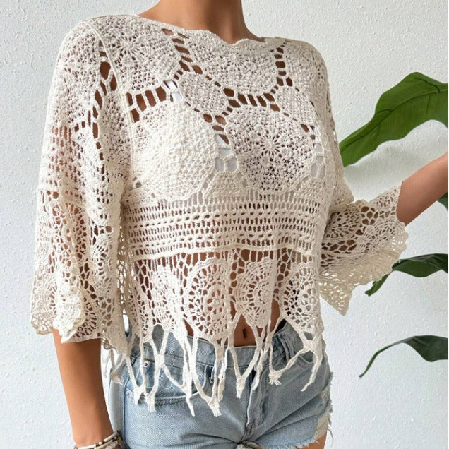 Haut en maille ajourée crochetée, couleur unie, cache-maillot de plage, blouse décontractée à pompons douce pour la peau
