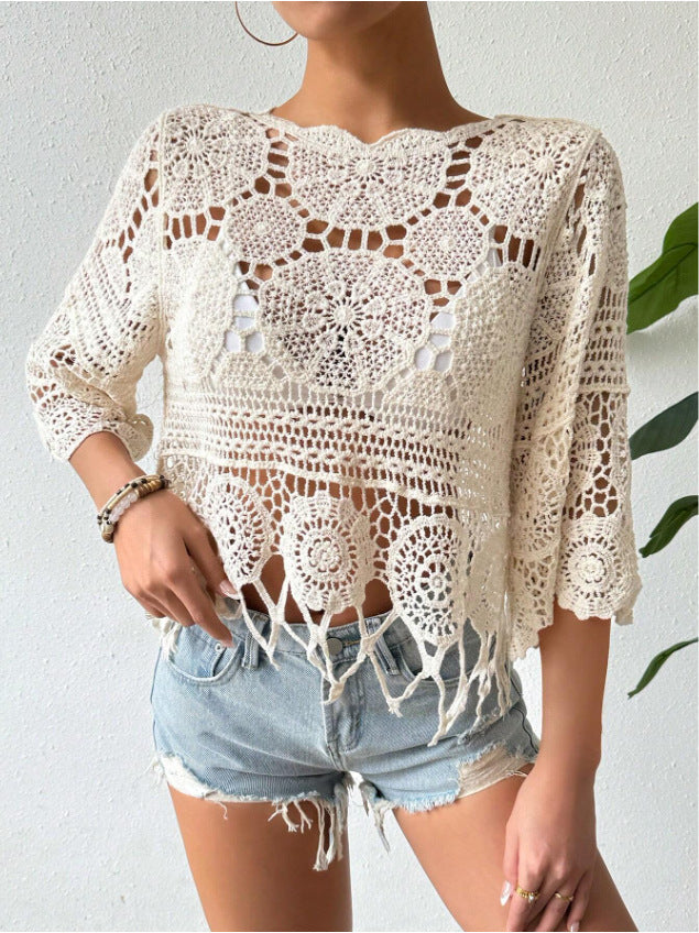 Haut en maille ajourée crochetée, couleur unie, cache-maillot de plage, blouse décontractée à pompons douce pour la peau