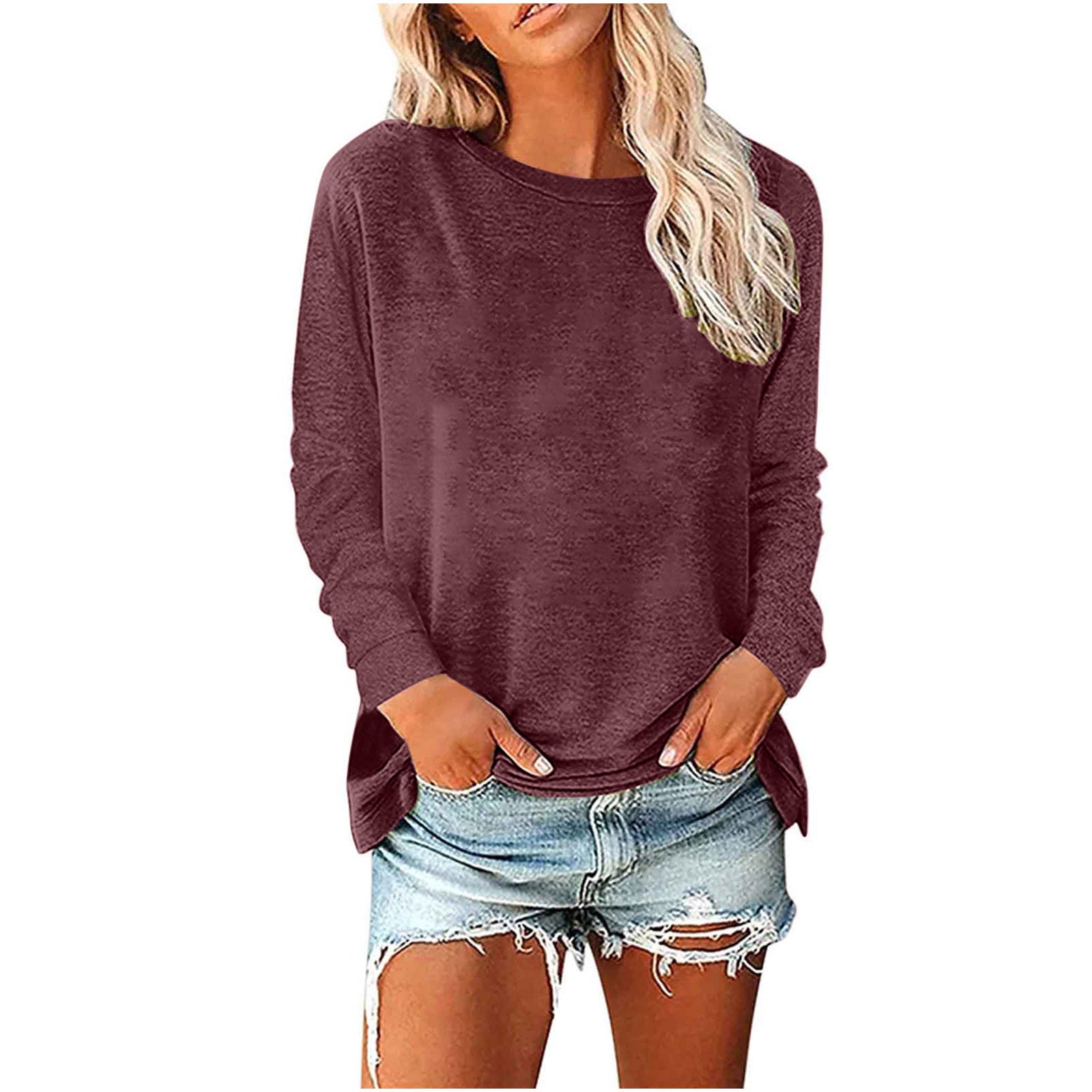 Women's Solid-Color Long-Sleeve Crew-Neck Pullover T-Shirt