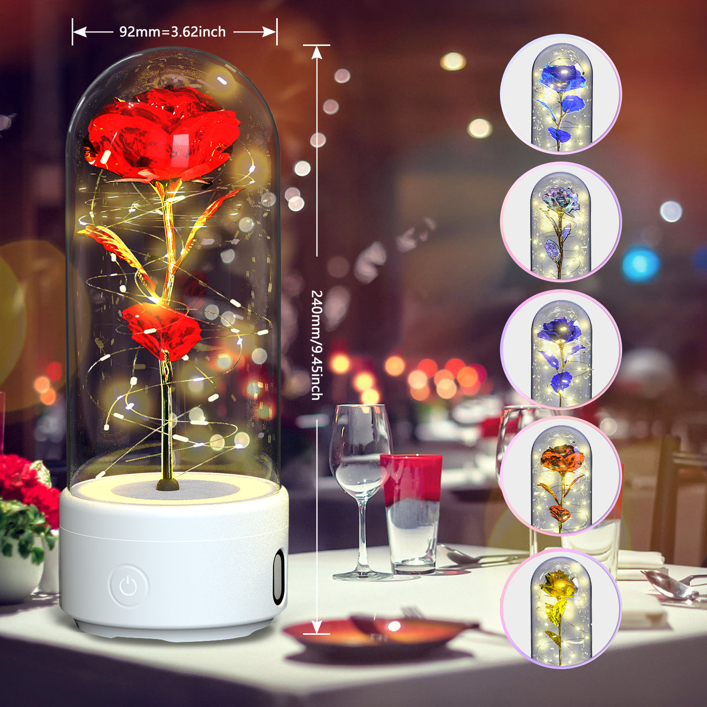 Lumière LED créative 2 en 1 fleurs roses cadeau pour la Saint-Valentin, ornement lumineux de lumière nocturne rose en couverture de verre