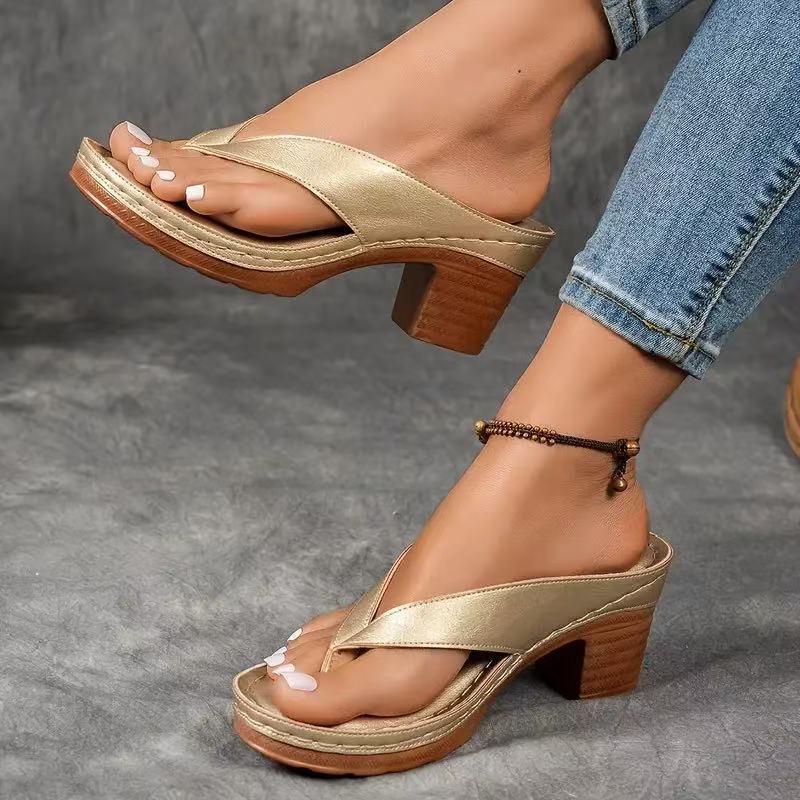 Fashionable Thong Summer Shoes Solid Color Square Heel Wedges Sandals for Women