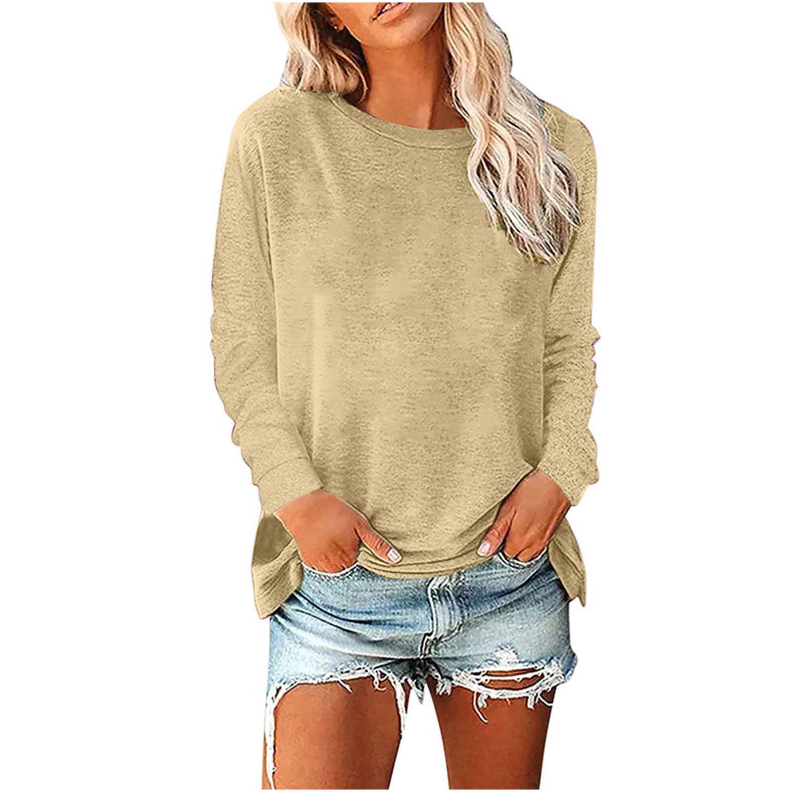 Women's Solid-Color Long-Sleeve Crew-Neck Pullover T-Shirt