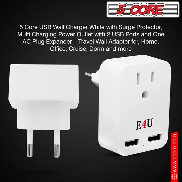 European Travel Plug Adapter with 2 USB Ports, Universal Adapter for International Power Outlets