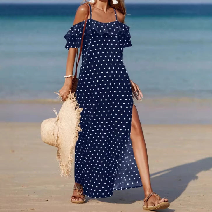 Robe d'été à pois style français, épaules dénudées, pour femmes