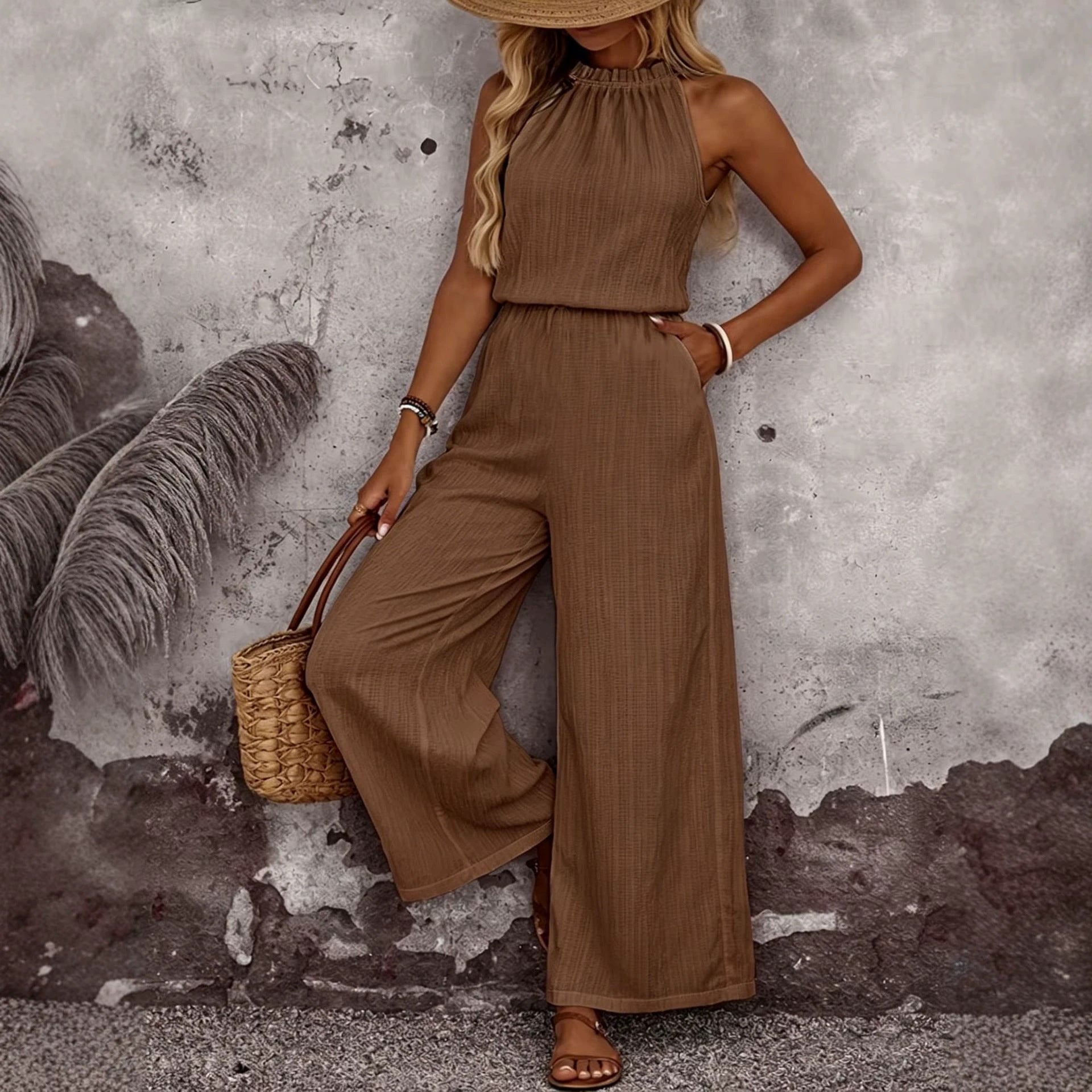 Women's Draped Collar Top and Casual Pants Set
