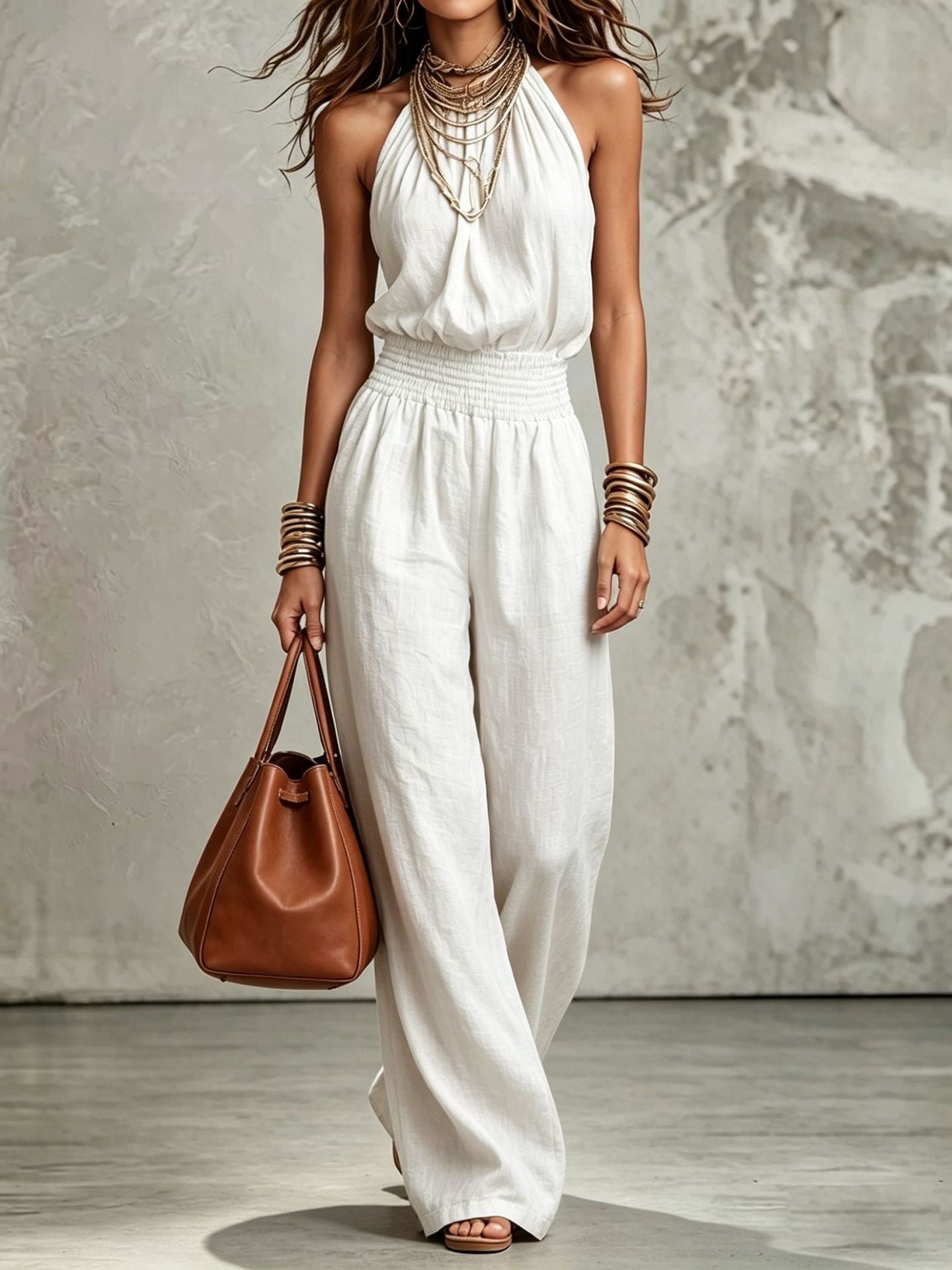 Women's sleeveless, backless, cinched-waist, lace-up, wide-leg jumpsuit