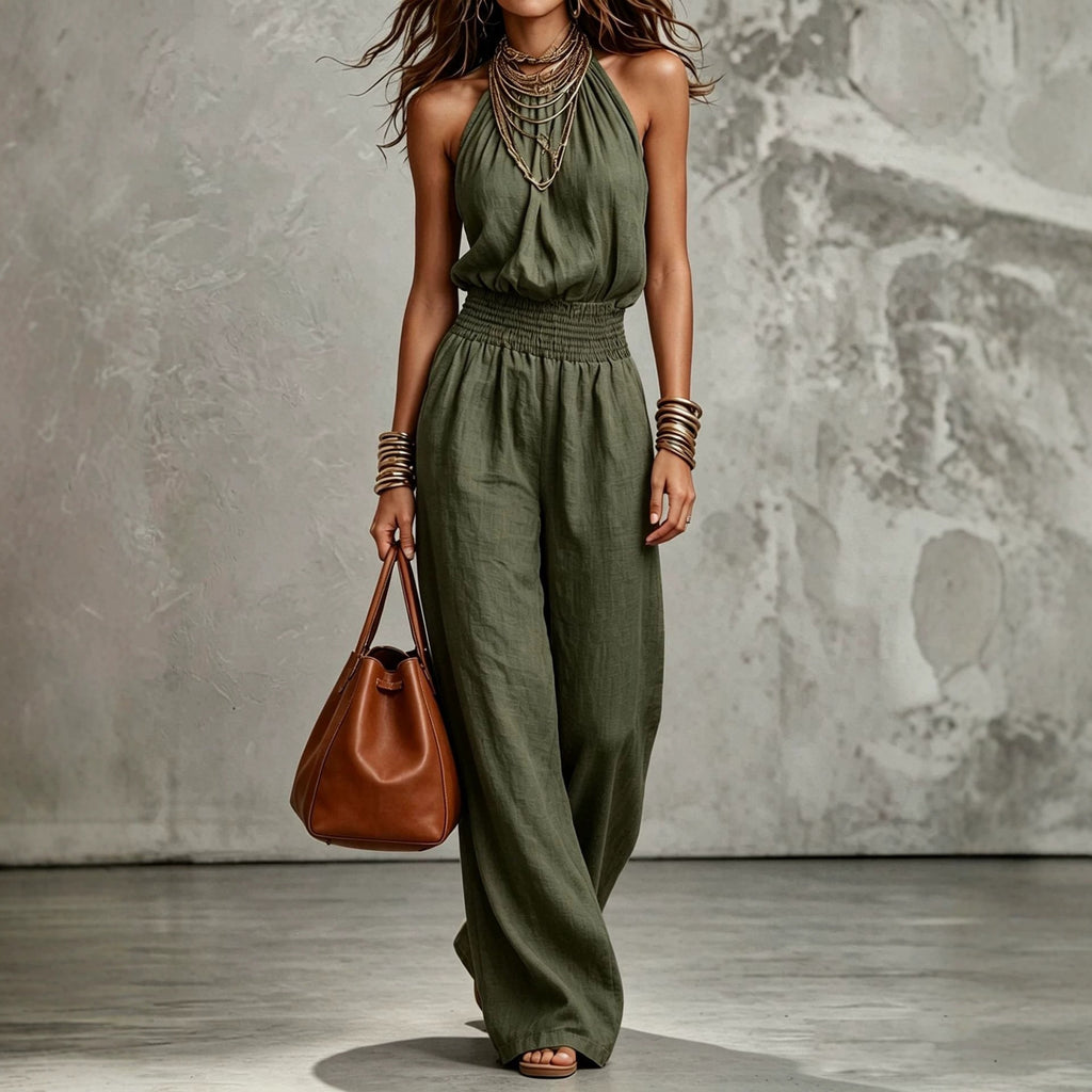 Women's sleeveless, backless, cinched-waist, lace-up, wide-leg jumpsuit