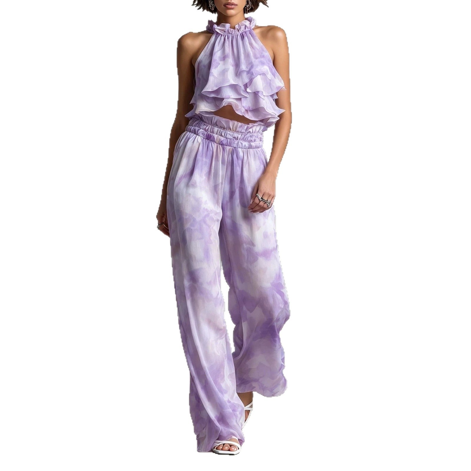 Summer set with printed deep-neck top and trousers