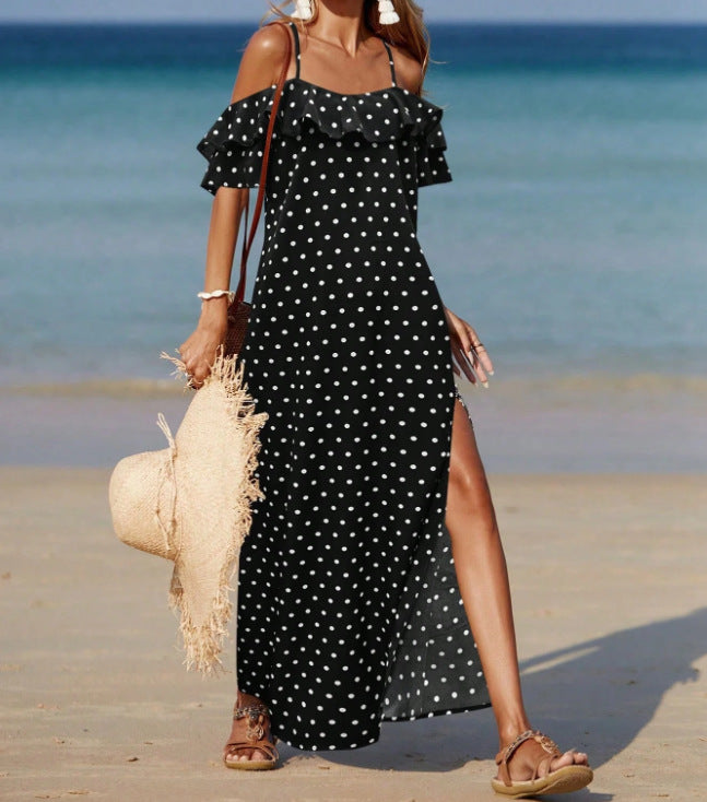 Robe d'été à pois style français, épaules dénudées, pour femmes