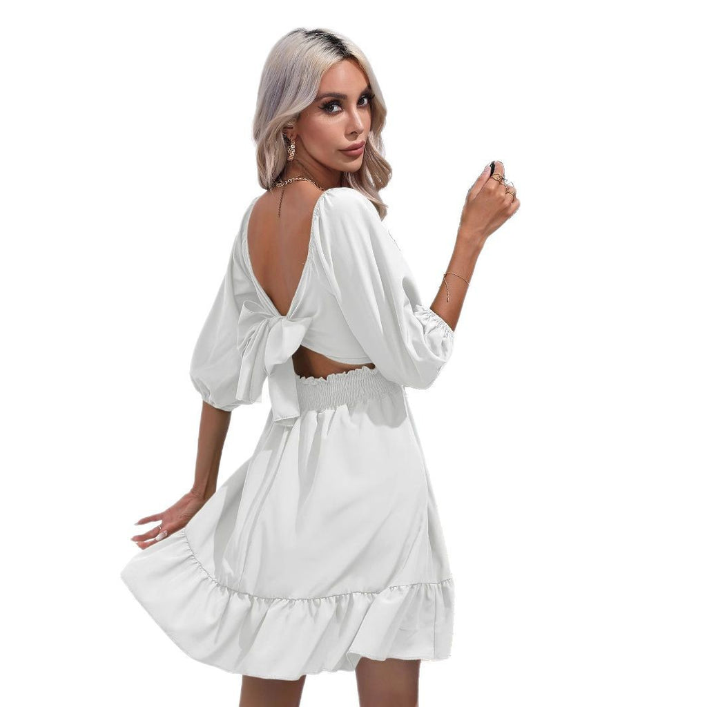 Robe à lacets et col carré orné de volants pour femme
