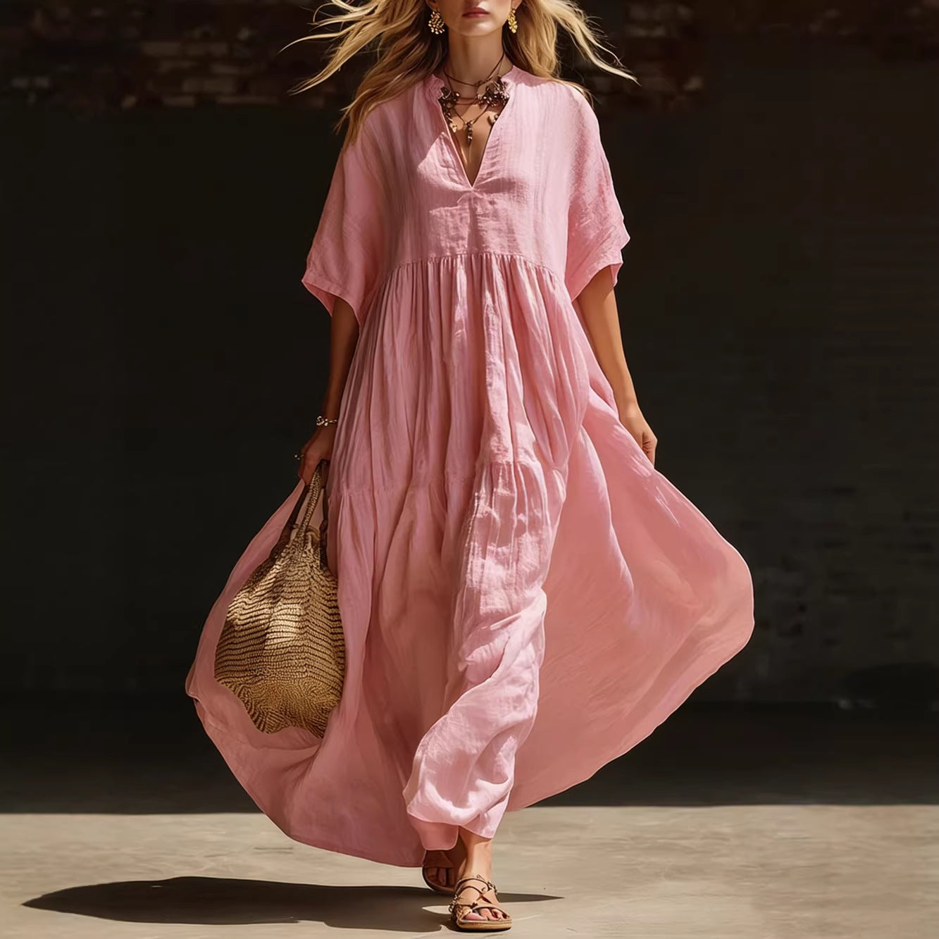Loose V-neck solid color long summer dress, perfect for beach holidays