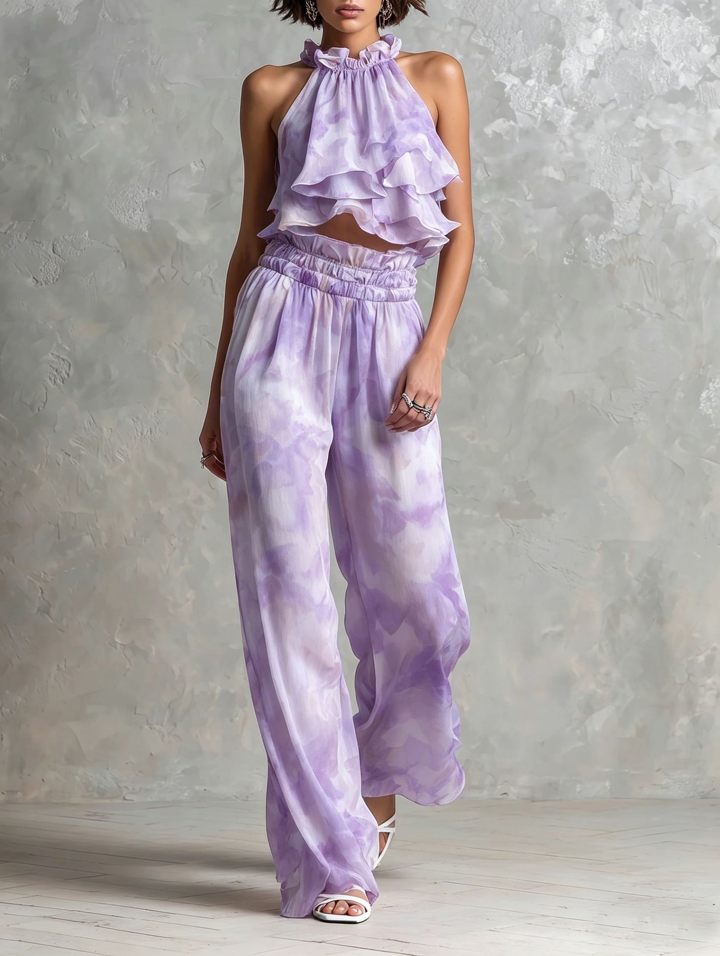 Summer set with printed deep-neck top and trousers