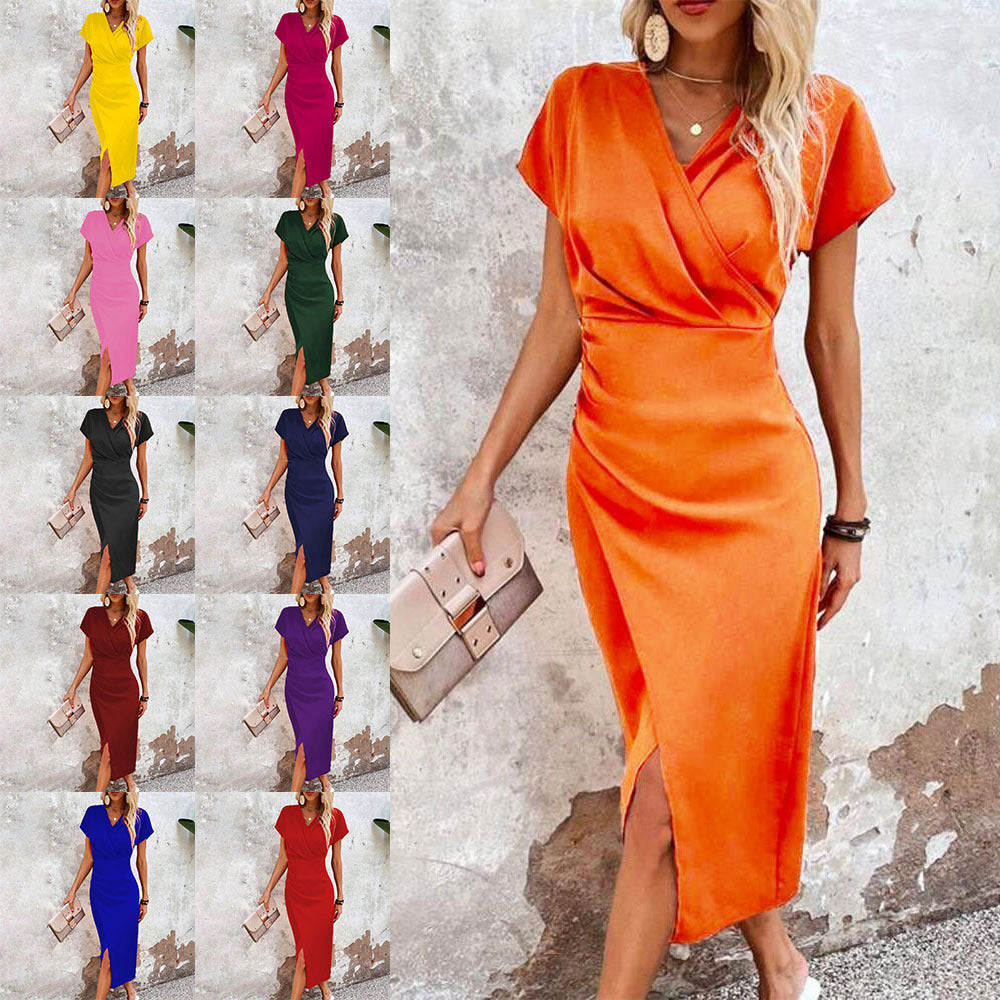 Robe décontractée à col en V moulant à la taille pour femmes