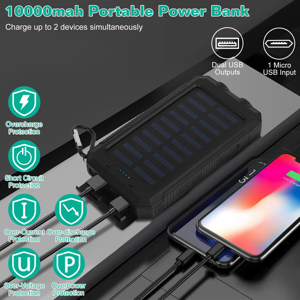 1Pc 1W mAh Solar Power Bank External Battery Pack Dual USB Interface Outdoor Charger With Battery Indicators SOS LED Lights Compass Camping Hiking