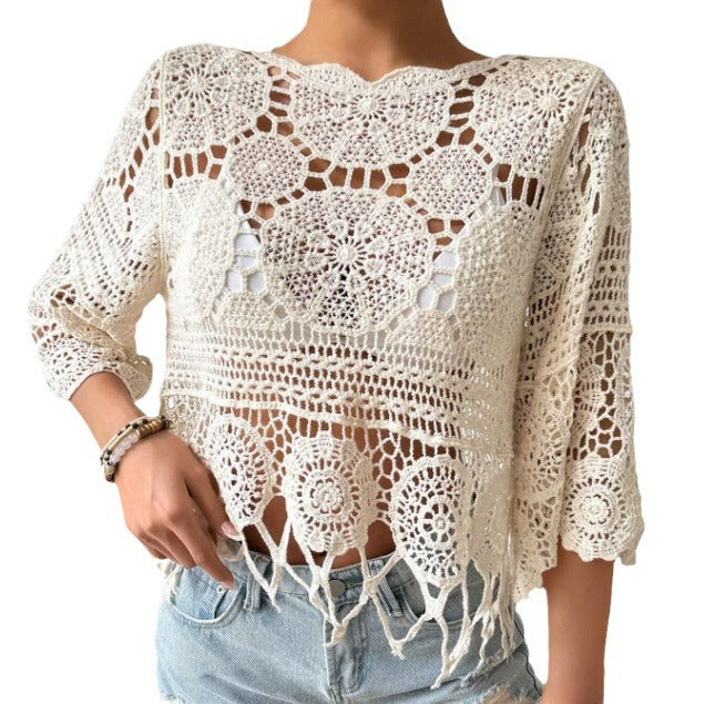 Haut en maille ajourée crochetée, couleur unie, cache-maillot de plage, blouse décontractée à pompons douce pour la peau