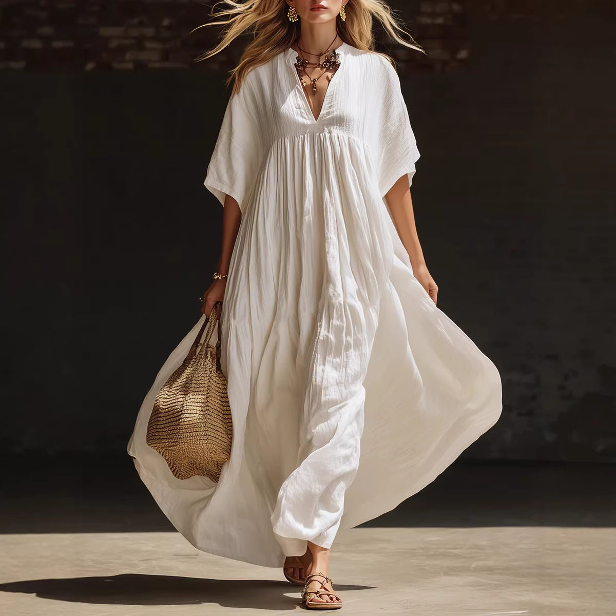 Loose V-neck solid color long summer dress, perfect for beach holidays