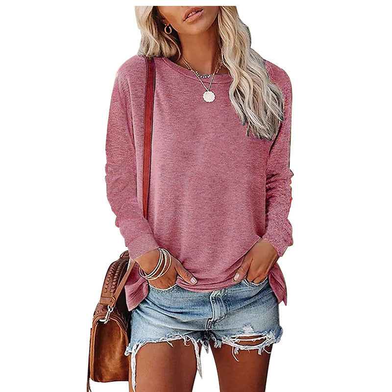 Women's Solid-Color Long-Sleeve Crew-Neck Pullover T-Shirt